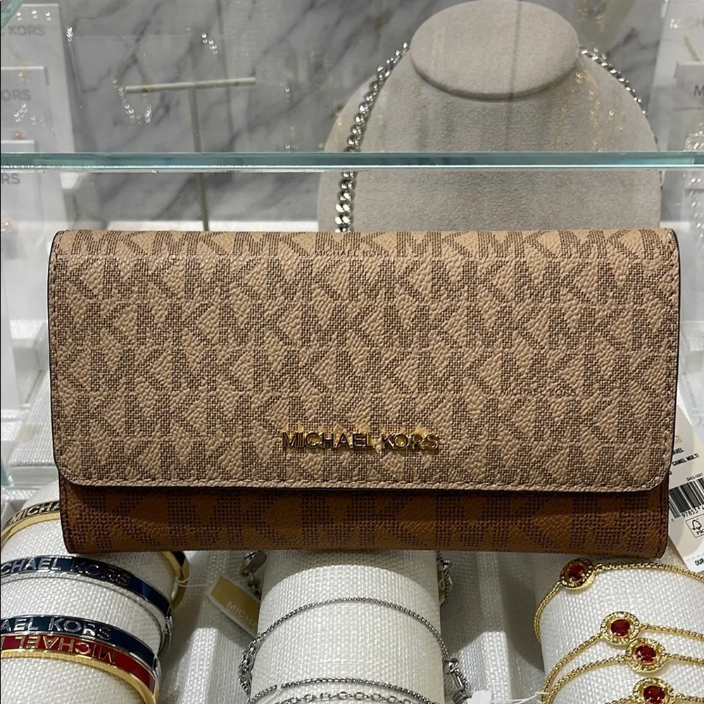 Michael Kors Jet Set Large Signature Logo Tri-Fold Wallet Camel Multi NWT